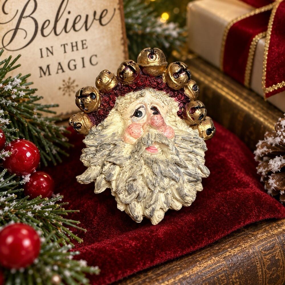 Vintage Santa Claus Resin Brooch Pin Jingle Bell Hat Christmas Holiday 2.25”